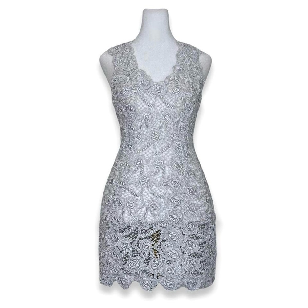 M & Guía Brazil Silver Elegant Sheer Lace V Neck sleeveless mini Dress